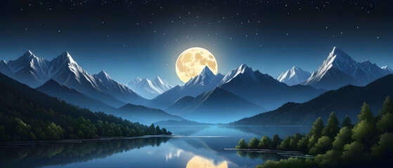 Fototapeta na wymiar Tranquil night scene in the mountains, featuring a river that reflects the moon’s radiance.