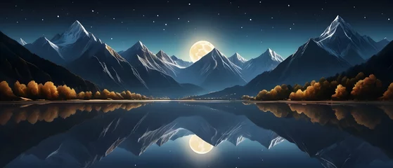 Fototapeten Tranquil night scene in the mountains, featuring a river that reflects the moon’s radiance. © Rat Art