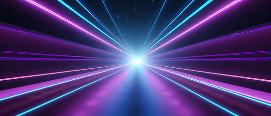 Abstract futuristic neon background, ultraviolet tunnel with rays, glowing lines speed of light, cyber network, highway night lights.