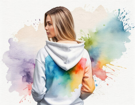 watercolor painting women in a blank back of hoodie