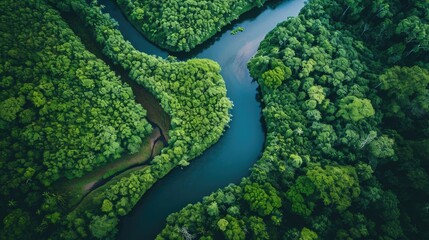 Overhead shot of a winding river cutting through a dense, vibrant green forest, highlighting nature's intricate patterns. aerial view. Resplendent.
