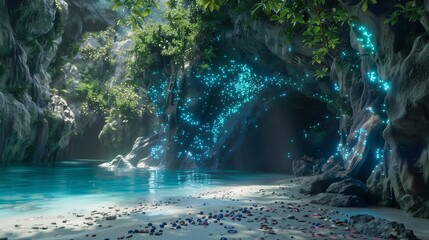 A hidden cave deep within a lush tropical island, with crystal-clear waters lapping at its sandy shores, and bioluminescent fungi casting an otherworldly glow on the rocky walls. - obrazy, fototapety, plakaty