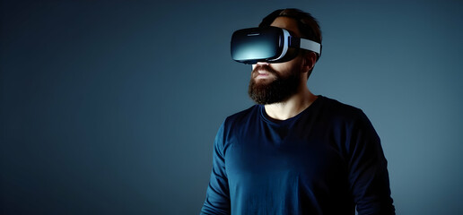 Obraz premium Adult man in casual clothes and VR headset exploring virtual reality in a dark room with minimal lighting