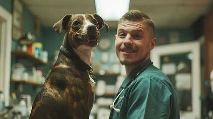 young male vetenarian, own business, with dog, in clinic. generative AI