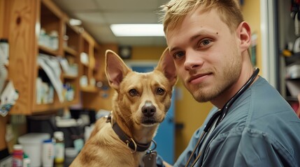 young male vetenarian, own business, with dog, in clinic. generative AI