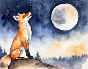 Obraz na płótnie Canvas watercolor painting fox barking at moon. back lighting. rule of thirds