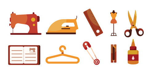 A collection of tailoring icons presented in a flat design, including a sewing machine, mannequin, and scissors, suitable for fashion and design projects