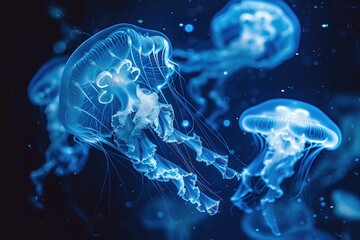 Glowing blue jellyfish floating in the deep ocean waters. - obrazy, fototapety, plakaty