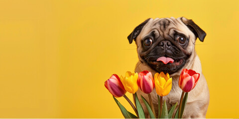 Spring birthday anniversary celebration postcard concept. Funny smiling brown pug dog with colourful tulips bouquet flowers in paws on studio yellow background. Copy paste empty place for text