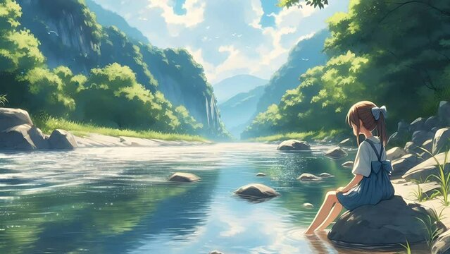 A girl sat by the river. Sad girl. Anime style. Video motion loop for background 