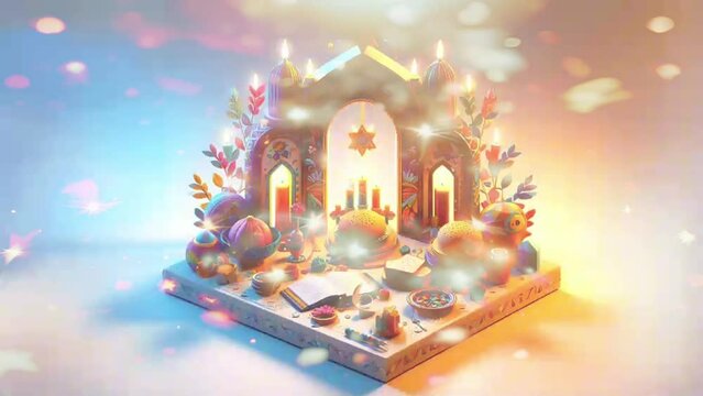 A colorful trendy passover decoration isometric with glow particle flying rotating motion from bottom to top.