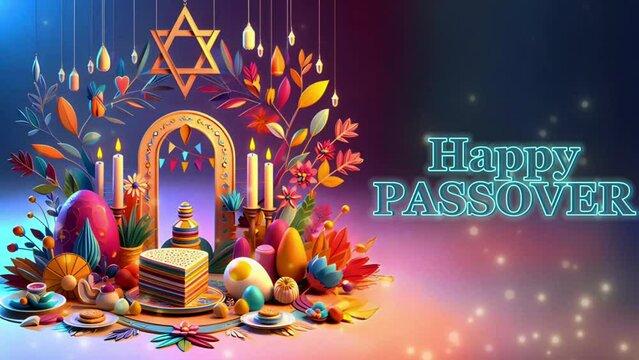 A colorful trendy passover decoration isometric with greeting text animation and glow particle flying from bottom to top.