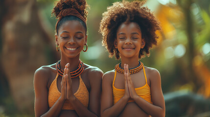 Portrait of two young african girls smiling in prayer pose
