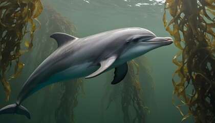 A Dolphin Swimming Gracefully Through A Kelp Fores
