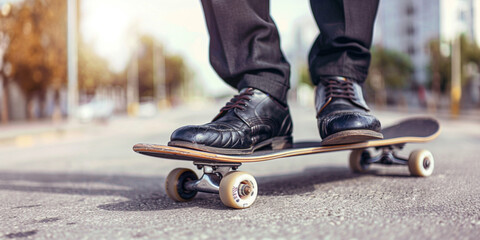 Businessman entrepreneur close-up feet in shoes comuting to work skate. Business hipster skating riding skateboard culture sustainable transport care about nature concept. - obrazy, fototapety, plakaty