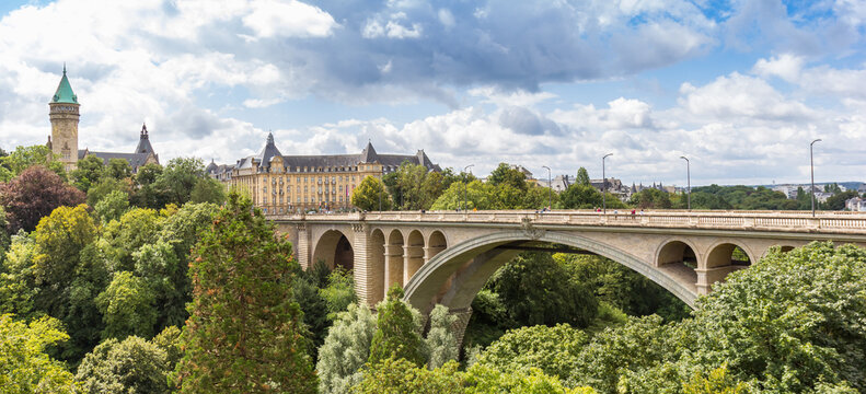 Panorama of Adolphe bridge to the Bourbon Plateau in Luxembourg city