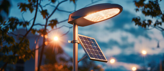 streetlight powered by solar panel - obrazy, fototapety, plakaty