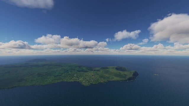 Aerial drone view of Mataveri Airport and Hanga Roa on Easter Island. Chile