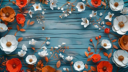 Vibrant paper flowers artwork on blue wooden background capturing the joy of spring in a whimsical style. perfect for decor and design themes. AI