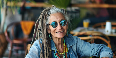 Fototapeta premium Senior smiling mature woman old lady with dreadlocks looking at the camera with a smile sitting in cafe. Lifestyle of freedom, self-expression hippies in nature.