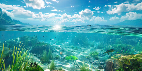 Fototapeta na wymiar Ocean background, video game style graphics oceans level design backdrop illustration, gaming resources, scrolling platform, generated ai