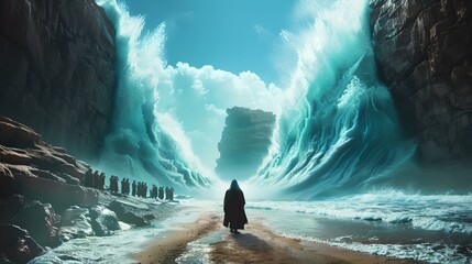 Lone explorer in a majestic ice canyon, fantasy adventure concept art. serene landscape, digital painting style. epic journey, nature's wonders. AI