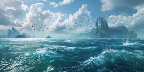 Ocean background, video game style graphics oceans level design backdrop illustration, gaming resources, scrolling platform, generated ai - obrazy, fototapety, plakaty