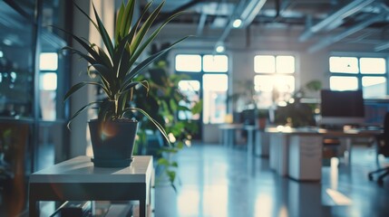 Spacious modern office interior with sleek desks, chairs, and large windows