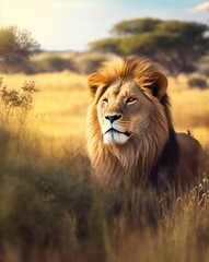 Lion king in the savannah - obrazy, fototapety, plakaty