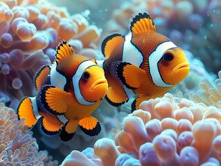 Naklejka na ściany i meble a pair of beautiful clownfish, corals, front on view, iridescent opalescent colours