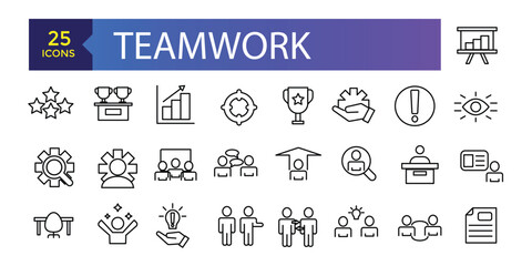 Teamwork icon set. Related Vector Line Icons. Contains such Icons as Meeting, Workplace, Business Communication, Team Structure.