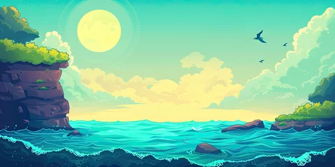 Tuinposter Ocean background, video game style graphics oceans level design backdrop illustration, gaming resources, scrolling platform, generated ai © dan