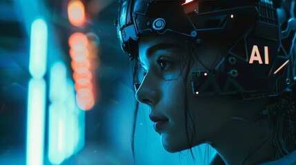 Cyborg woman look at logo AI hanging over phone. Abbreviation AI consists pcb elements. - obrazy, fototapety, plakaty