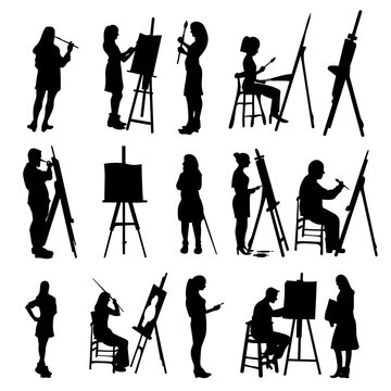 silhouette of people artists, people painting at an easel, set, collection on a white background vector