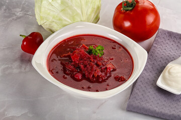 Borsch soup with cabbage and beetroot