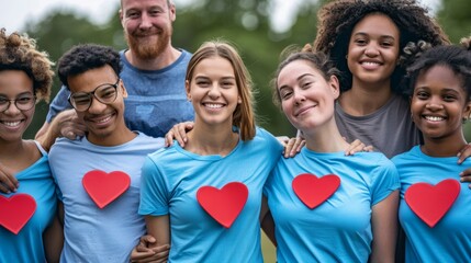 Group of diverse friends holding red hearts and embracing each other in park
