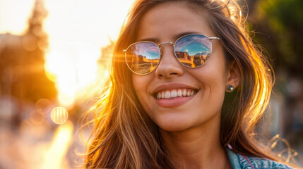 Portrait of a beautiful young woman in sunglasses on the background of sunset