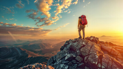 Hiker with backpack standing on top of a mountain and enjoying the view.