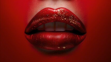 Close-up of glossy red lips on a deep red background. sensual female lips, glamorous style, high-quality makeup representation. perfect for beauty concepts. AI