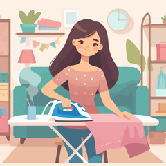 Woman housewife iron clothes on an ironing board