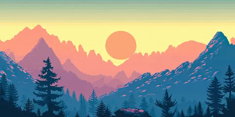 Gordijnen Mountains background, video game style graphics mountain level design backdrop illustration, gaming resources, scrolling platform, generated ai © dan