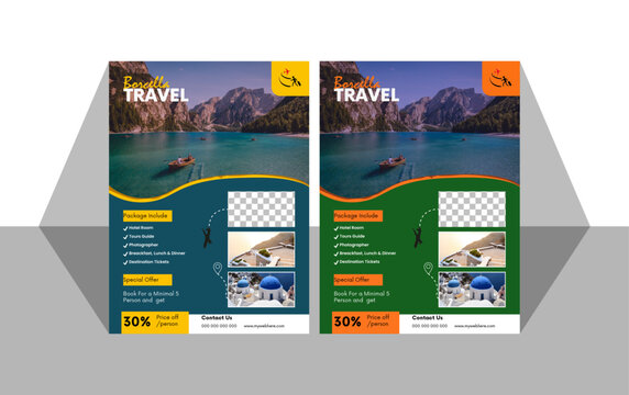 Travel poster or flyer pamphlet brochure design layout space for photo background. Yellow Travel flyer template for travel agency
