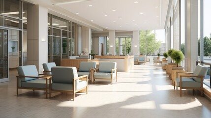 Fototapeta premium bright interior hospital building illustration welcoming efficient, organized clinical, functional technology bright interior hospital building