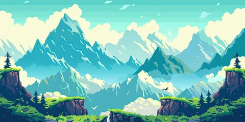 Zelfklevend Fotobehang Mountains background, video game style graphics mountain level design backdrop illustration, gaming resources, scrolling platform, generated ai © dan