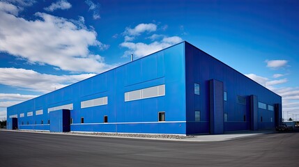 Obraz premium logistics blue warehouse building illustration distribution facility, architecture steel, metal structure logistics blue warehouse building