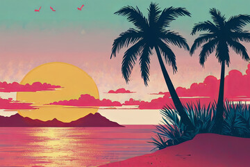 Risograph digital illustration of tropical island with romantic sunset. Captivating tropical scene. 