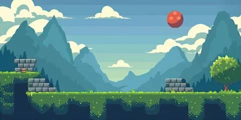 Selbstklebende Fototapete Berge Mountains background, video game style graphics mountain level design backdrop illustration, gaming resources, scrolling platform, generated ai