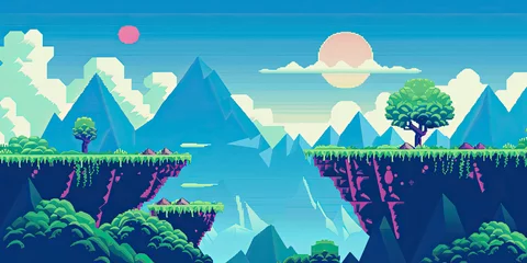 Rolgordijnen Bergen Mountains background, video game style graphics mountain level design backdrop illustration, gaming resources, scrolling platform, generated ai