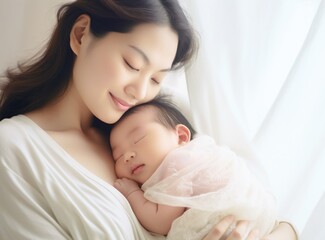 Fototapeta na wymiar close up portrait of happy young mother holding sleeping newborn baby