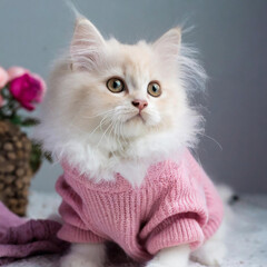 분홍색 스웨터를 입은 하얀색 먼치킨 고양이
